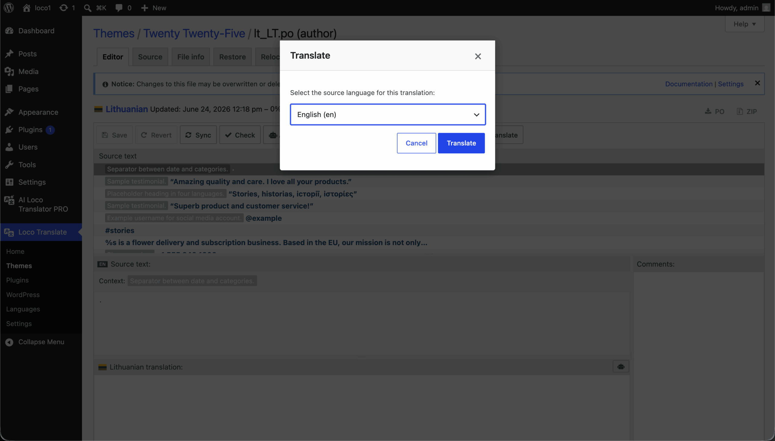 De knop AI Translate die de plugin toevoegt aan de stringeditor van Loco Translate, waarmee de geselecteerde string direct op zijn plaats wordt vertaald